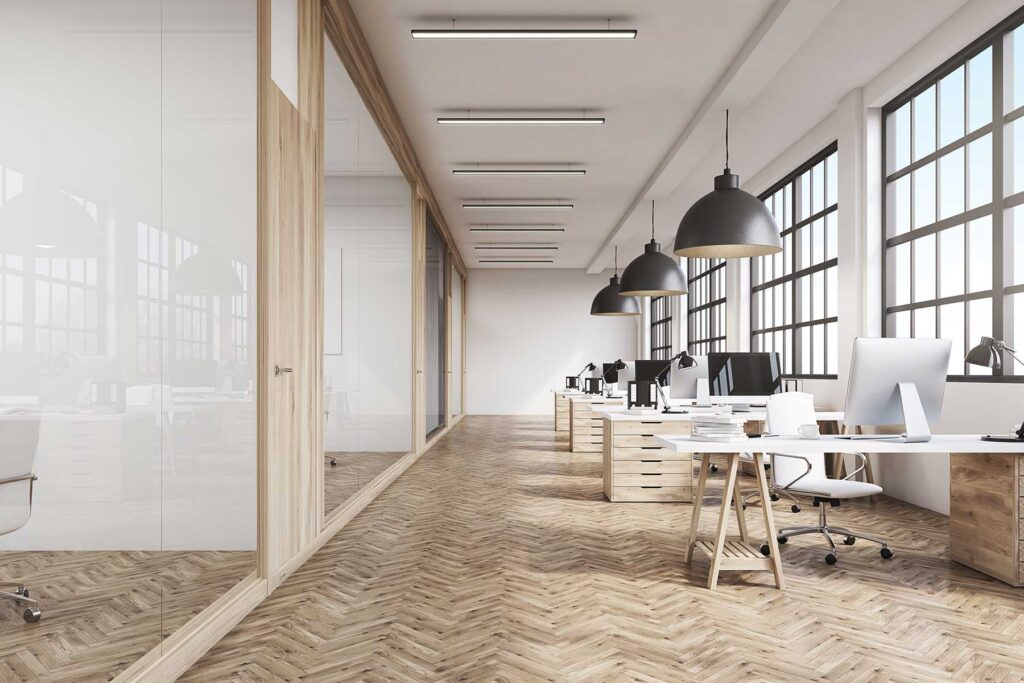 Employee wellbeing designed office showing a calming space with light and airy design