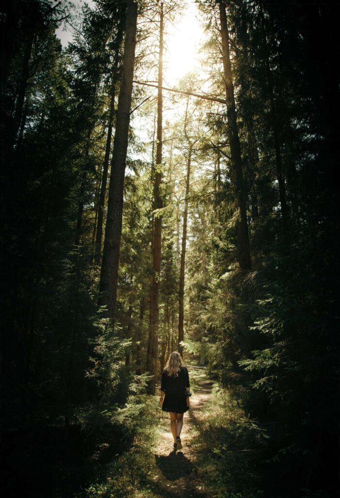 A lady walking along a dry forest path