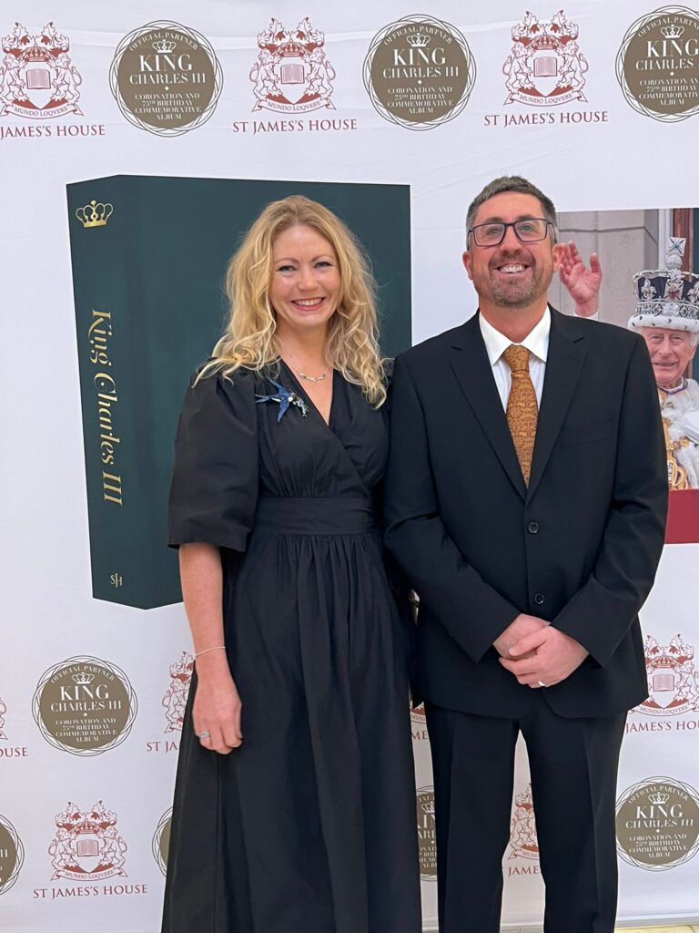 Charlotte Findlater and Scott Findlater in formal dress at His Majesty King Charles III at 75: The Leadership and Vision of King Charles III, at Claridge’s in central London on His Majesty’s 75th birthday.