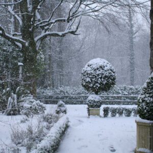 Snowy garden view in Windermere, Lake District
