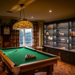 Luxury games room with bespoke Oak pool table, custom built ins and pool table light
