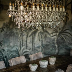A biophilic designed dining room side angled view of a rock crystal chandelier, a large reclaimed wood dining table with three stone pots with living moss and a jungle screen wall feature decoration