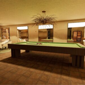A render of a modern Menorcan Villa's basement games room with bar area, seating and feature pool table