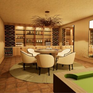 A render of a modern Menorcan Villa's basement games room with wine rack area and seating for 6 around a games table