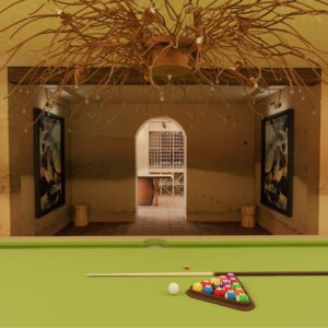 A render of a modern Menorcan Villa's basement games room with a close up on the pool table and feature organic pendant light