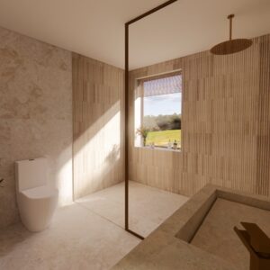 A render of a modern Menorcan Villa's bedroom 1 ensuite