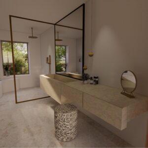 A render of a modern Menorcan Villa's bedroom 2 ensuite