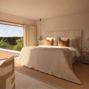 A render of a modern Menorcan Villa's bedroom 1