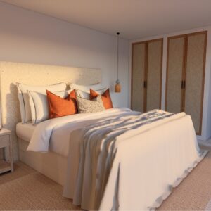 A render of a modern Menorcan Villa's bedroom 2