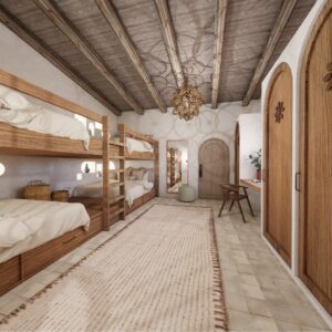 A render of a traditional Menorcan farmhouse bunk bed room for children with 4 bunk beds and large natural wood cabinetry