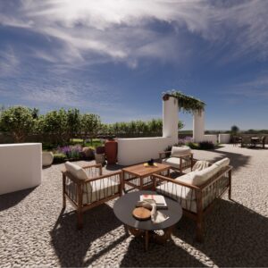 A render of a traditional Menorcan farmhouse outside courtyard with sofa and table seating for 4 people