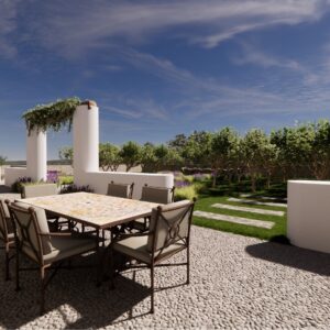 A render of a traditional Menorcan farmhouse outside courtyard with dining table and chairs seating for 6 people with a view into the pomegranate orchard