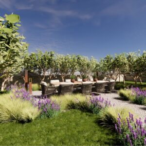 A render of a traditional Menorcan farmhouse outside courtyard with dining table and chairs seating for 10 people within the pomegranate orchard
