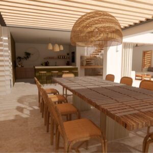 A render of a modern Menorcan Villa's outside dining area for 10