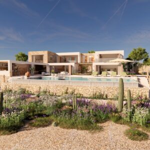 A render of a modern Menorcan Villa external view including a cactus garden and swimming pool