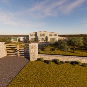 A render of a traditional Menorcan farmhouse entrance with traditional wooden gates