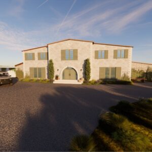 A render of a traditional Menorcan farmhouse entrance with driveway and car port