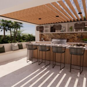 A render of a modern Menorcan Villa's external kitchen area with island and bar stool seating