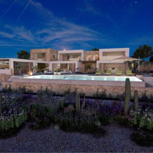 A render of a modern Menorcan Villa external night view including a cactus garden and swimming pool