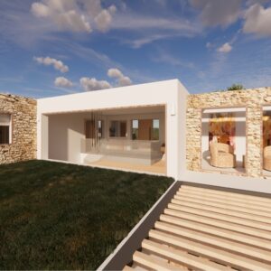 A render of a modern Menorcan Villa's view of the external hallway and grassed roof