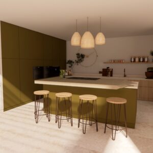 A render of a modern Menorcan Villa's kitchen