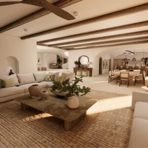 A render of a traditional Menorcan farmhouse open plan living space with a lounge area having seating for 12 and dining area with seating for 12