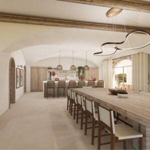 A render of a traditional Menorcan farmhouse living space with dining seating for 12 and a kitchen with barstools and a feature olive tree mosaic splashback