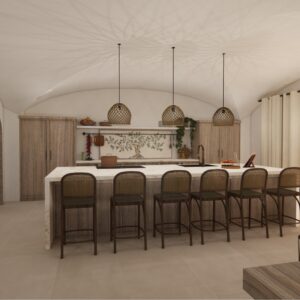 A render of a traditional Menorcan farmhouse kitchen with barstools and a feature olive tree mosaic splashback
