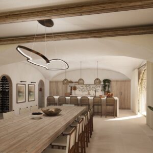 A render of a traditional Menorcan farmhouse living space with dining seating for 12 and a kitchen with barstools and a feature olive tree mosaic splashback