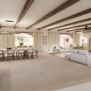 A render of a traditional Menorcan farmhouse open plan living space with a lounge area having seating for 12 and dining area with seating for 12