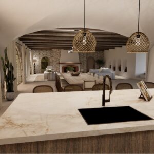 A render of a traditional Menorcan farmhouse open plan living space with a lounge area having seating for 12 and dining area with seating for 12