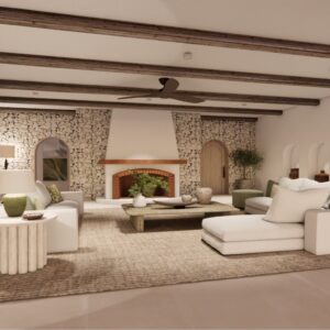 A render of a traditional Menorcan farmhouse open plan living space with a lounge area having seating for 12 and open fireplace