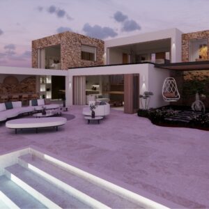 A render of a modern Menorcan Villa's outdoor lounge with seating for 6