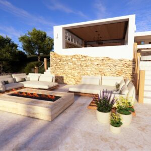 A render of a modern Menorcan Villa's outdoor seating area for 8 people around a stone feature firepit
