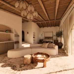 A render of a traditional Menorcan farmhouse master suite with large chaise longue, flooded with light and a large four poster bed