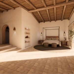 A render of a traditional Menorcan farmhouse master suite flooded with light and a large four poster bed