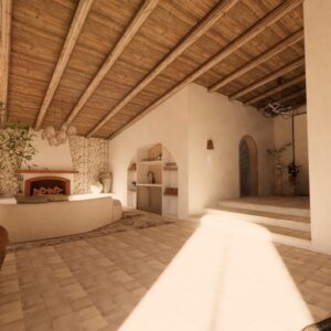 A render of a traditional Menorcan farmhouse master suite with large chaise longue, flooded with light and an open fireplace