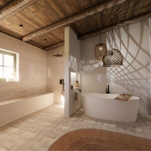 A render of a traditional Menorcan farmhouse master ensuite with bath and large walk in shower