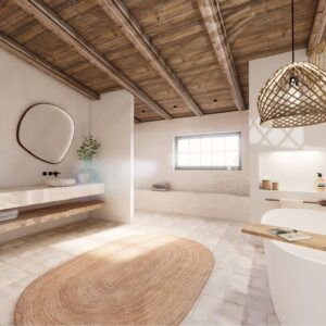 A render of a traditional Menorcan farmhouse master ensuite with bath and large walk in shower and his and hers sinks and wabi sabi shaped mirrors