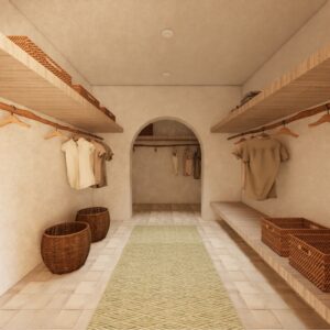 A render of a traditional Menorcan farmhouse master suite dressing room with hanging rails on both sides
