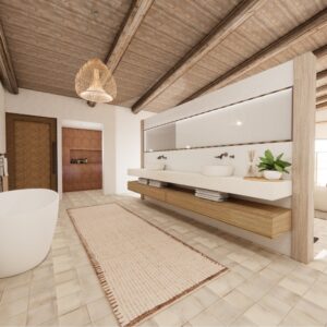 A render of a traditional Menorcan farmhouse bedroom ensuite with a bath and his and hers sinks