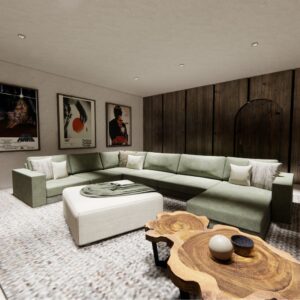 A render of a traditional Menorcan farmhouse snug with an oversized sofa, movie posters on the wall and wood cladding on the rear wall