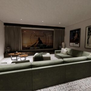 A render of a traditional Menorcan farmhouse snug with an oversized sofa, movie posters on the wall and a cinema sized screen at the front