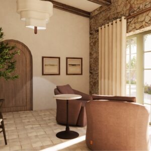 A render of a traditional Menorcan farmhouse stable styled outbuilding bedroom with seating for 2 looking outside through glass doors