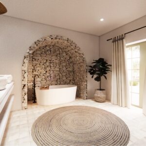 A render of a traditional Menorcan farmhouse stable styled outbuilding bedroom ensuite with a bath inset in a stone arch recess