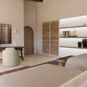 A render of a traditional Menorcan farmhouse stable styled outbuilding twin bedroom with simple lit shelves
