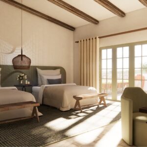 A render of a traditional Menorcan farmhouse stable styled outbuilding twin bedroom flooded with light from 4 glass doors