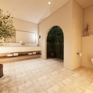 A render of a traditional Menorcan farmhouse stable styled outbuilding twin bedroom ensuite with a large single trough style basin and large walk in arched shaped shower