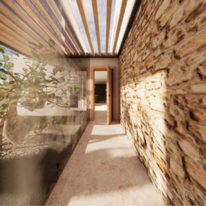 A render of a modern Menorcan Villa's glass encased walkway with a feature tree outside